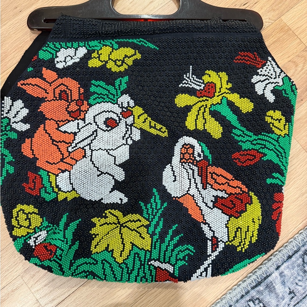Vintage (c. 1970) Handmade Beaded Bag w/ Multicolored design & Acrylic Handle